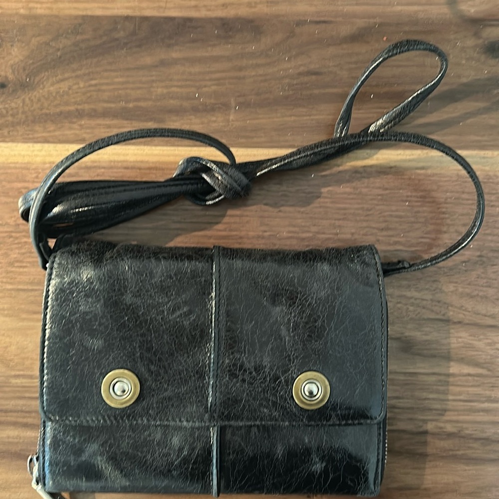 HOBO Black Leather zip close purse 5x7 with long removable strap